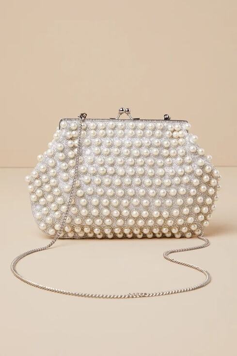 Lulus Handbags - NWT Lulus Brilliant Energy White and Silver Pearl Beaded Clutch w/Chain